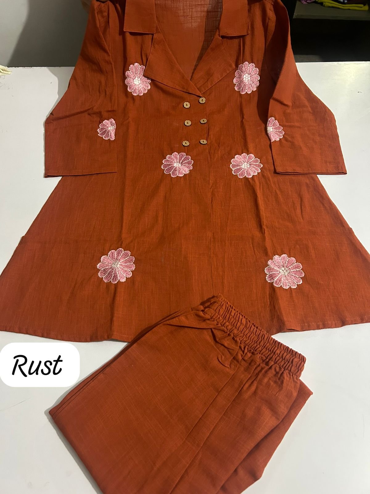 Brown Cotton Slub Angrakha Embroidered Co-Ord Set